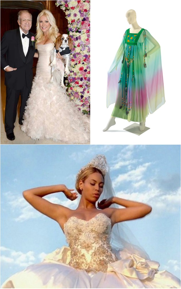 מימין בכיוון השעון: שמלת החתונה השישית של אליזבת' טיילור, השמלה בקליפ של ביונסה, השמלה של קריסטל האריס