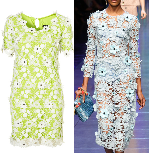 מימין: שמלת תחרה פרחונית של דולצ'ה וגבאנה, משמאל: שמלה של טופשופ, 75 ליש"ט (כ-458 ש"ח) | צילום: גטי אימג'ס, יח"צ