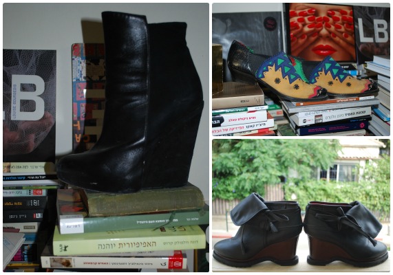 מימין למעלה: נעליים משוק הפשפשים, מתחת: מגפיים של סלין, משמאל: מגפיים של אלכסנדר וונג