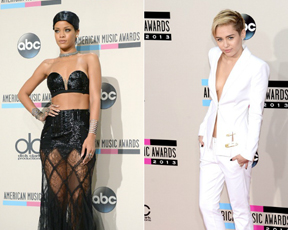 שחור vs לבן: מה לבשו ריהאנה ומיילי סיירוס בטקס פרסי המוזיקה?